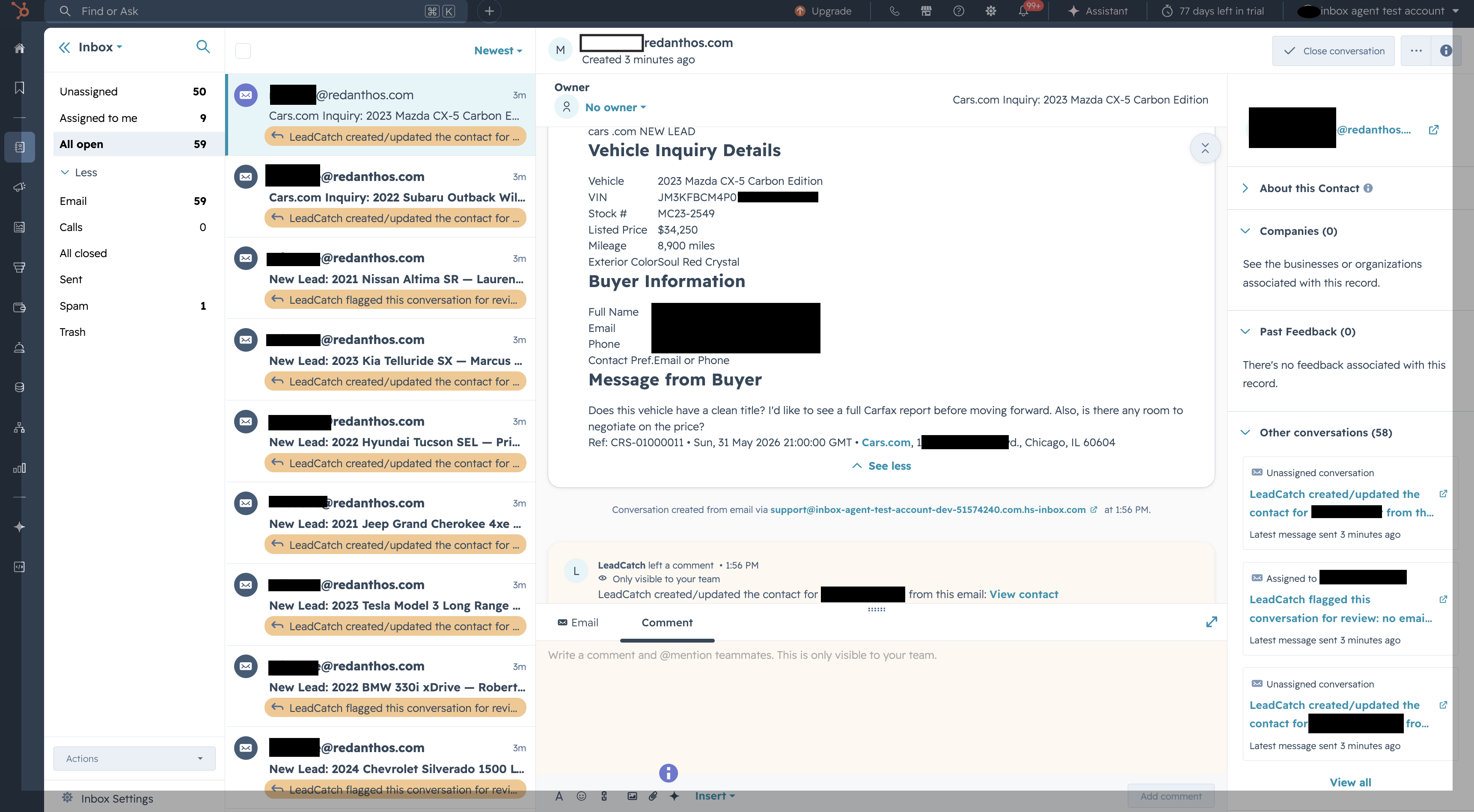 The HubSpot Conversations inbox with a Cars.com lead opened, showing the structured vehicle inquiry, buyer information, and message LeadCatch pulled out, plus comments noting the contact it created or updated